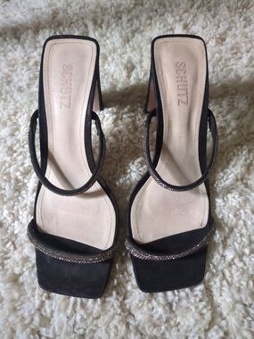 SCHUTZ Black Crystal-Trim Square-Toe Heeled Sandals Sz 8